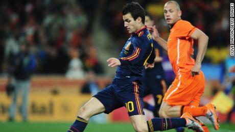 Fabregas shoots during the 2010 FIFA World Cup South Africa final match between Netherlands and Spain at Soccer City Stadium on July 11, 2010 in Johannesburg, South Africa.