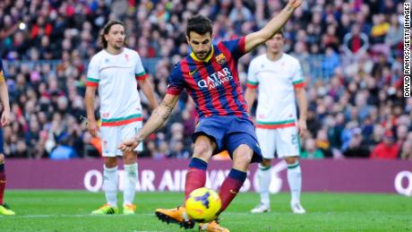 Fabregas from the penalty spot during the La Liga match between FC Barcelona and Granda CF at Camp Nou on November 23, 2013 in Barcelona, Spain. 