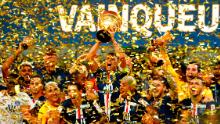 PSG celebrate winning the French League Cup at the Stade de France in Paris.