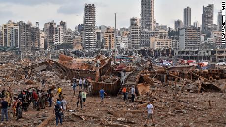 The scene of an explosion near the the port in the Lebanese capital Beirut on August 4, 2021.