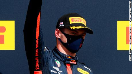 Max Verstappen celebrates after winning the 70th Anniversary Grand Prix at Silverstone.