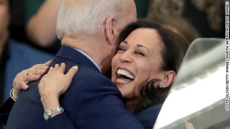 DETROIT, MICHIGAN - MARCH 09: Sen. Kamala Harris (L) (D-CA), hugs  Democratic presidential candidate former Vice President Joe Biden after introducing him at a campaign rally at Renaissance High School on March 09, 2020 in Detroit, Michigan. Michigan will hold its primary election tomorrow.  (Photo by Scott Olson/Getty Images)