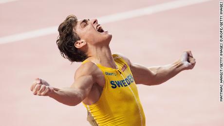 Duplantis celebrates in the men&#39;s pole vault final of last year&#39;s World Athletics Championships in Doha, where he won silver.