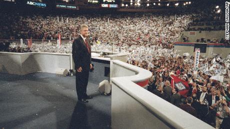 Clinton takes the podium to deliver his acceptance speech at the Democratic National Convention in New York, July 1992.  