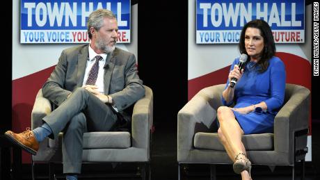 Jerry Falwell Jr. and his wife Becki Falwell speak during a town hall meeting on the opioid crisis in March 2019 in Las Vegas, Nevada. 