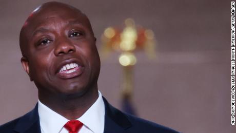 WASHINGTON, DC - AUGUST 24:  U.S. Sen. Tim Scott (R-SC) stands on stage in an empty Mellon Auditorium while addressing the Republican National Convention at the Mellon Auditorium on August 24, 2020 in Washington, DC.