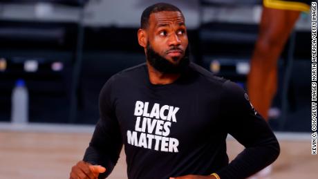 LeBron James wears a Black Lives Matter t-shirt as he warms up against the Portland Trail Blazers.