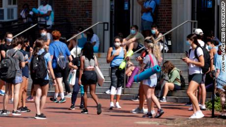 University of North Carolina students at Chapel Hill, N.C., campus wait to enter a fitness class last month. 