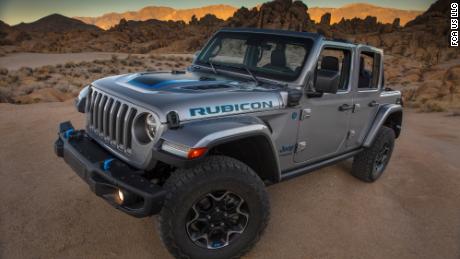 The Jeep Wrangler 4xe has blue markings -- including blue tow hooks -- to help it stand out.