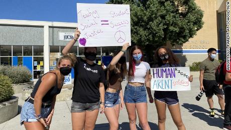 Students protest outside El Camino Real Charter High School earlier this week in support of a teacher  who wore an &quot;I can&#39;t breathe&quot; T-shirt during an online class.