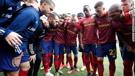 Real Salt Lake players huddle before a March game at Rio Tinto Stadium.