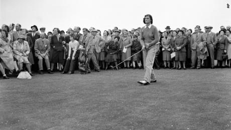 Zaharias drives off to the 15th tee during her semifinals match against Jean M. Donald at Gullane Links, Scotland in 1947.
