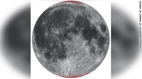 An enhanced map of hematite (dust) on the moon, shown in red using a spheric projection of the nearside.