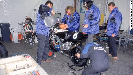 The Tech3 crew refuels a bike at a 1995 race meeting.