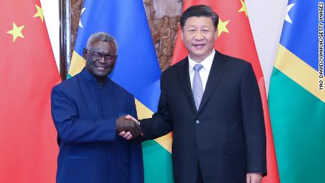 Chinese President Xi Jinping meets with Solomon Islands&#39; Prime Minister Manasseh Sogavare at the Diaoyutai State Guesthouse in Beijing, on October 9, 2019. 