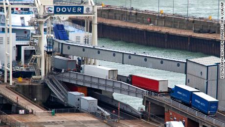 Lorries begin to board a ferry at the UK port of Dover. 
