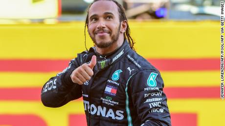 Lewis Hamilton celebrates winning the Tuscan Grand Prix at the Mugello circuit for his 90th F1 win.