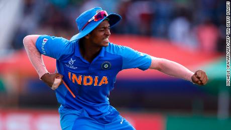 India&#39;s Yashasvi Jaiswal celebrates after catching out Bangladesh&#39;s Shamim Hossain from a ball delivered by India&#39;s Sushant Mishra during the ICC Under-19 World Cup final in February.