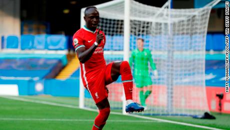 Sadio Mane celebrates after scoring his second goal of the match.