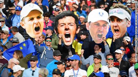 Fans pack the grandstand at Le Golf National in Paris to witness Team Europe&#39;s victory in 2018.