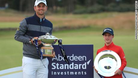 Lawlor poses with the EDGA Scottish Open trophy after winning it alongside Bernd Wiesberger who won the Aberdeen Standard Investments Scottish Open. 