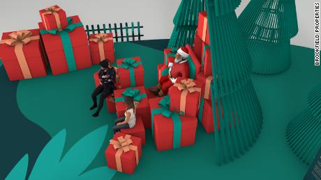 Rendering of a Santa set at a mall where children will maintain 6 feet distance during their visit.