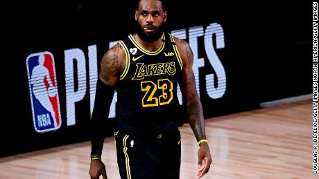LeBron James reacts during the second quarter against the Houston Rockets in game two of the Western Conference second round during the 2020 NBA Playoffs. 