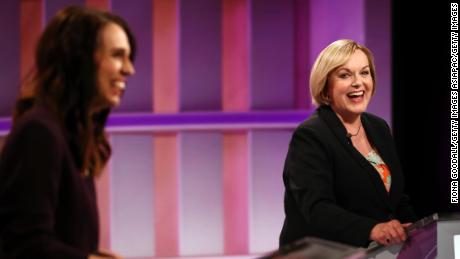 National leader Judith Collins (R) and Prime Minister Jacinda Ardern (L) during the first leaders&#39; debate on September 22 in Auckland, New Zealand.