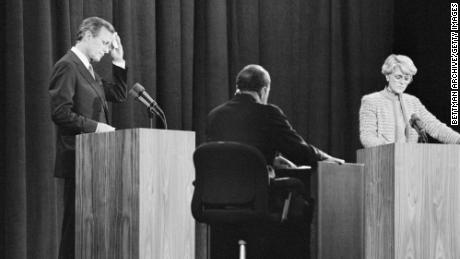 Sander Vanocur acts as moderator for the vice presidential debate between Geraldine Ferraro and George Bush on October 11, 1984, in Philadelphia.