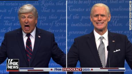 Jim Carrey as Joe Biden on &quot;Saturday Night Live,&kwotasie; alongside Alec Baldwin as Donald Trump.