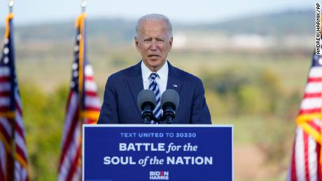 Democratic presidential candidate former Vice President Joe Biden speaks at Gettysburg National Military Park in Gettysburg, Pa., Tuesday, Oct. 6, 2020. (AP Photo/Andrew Harnik)