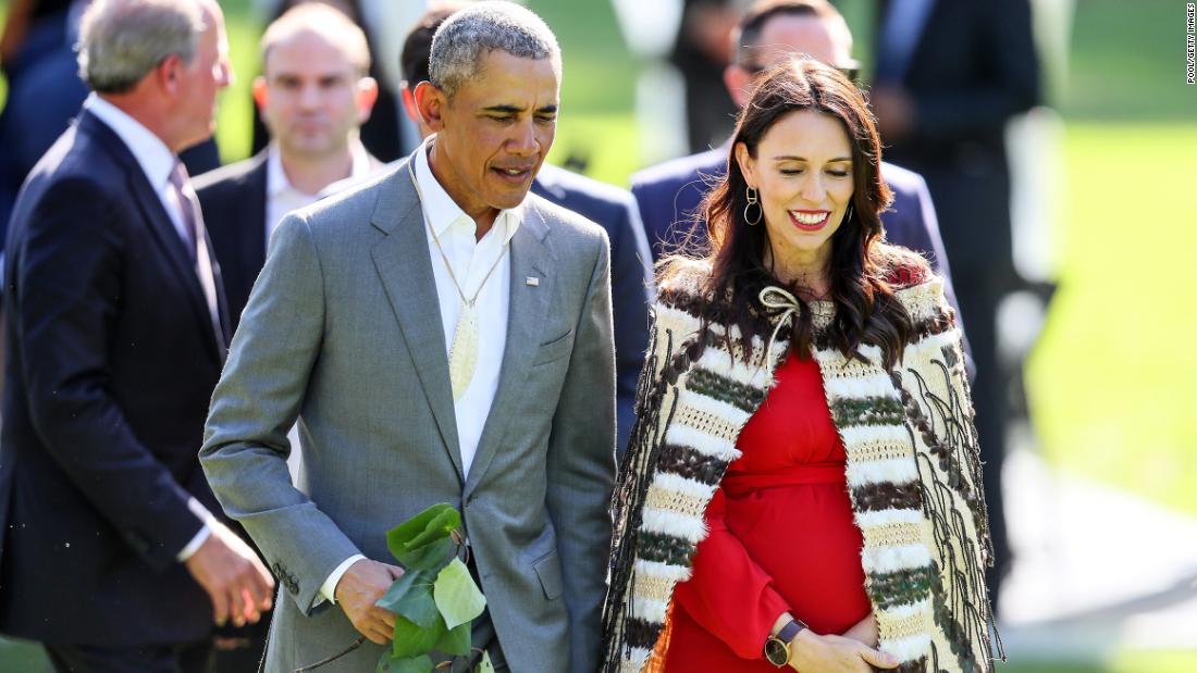 Barack Obama attends a pōwhiri -- a formal Māori welcoming ceremony -- with New Zealand Prime Minister Jacinda Ardern at Government House on March 22, 2018 during his visit to Auckland.