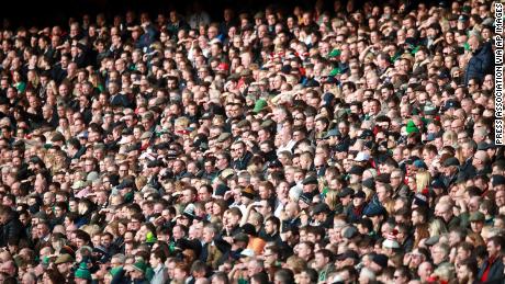 Rugby fans in the stands during the Six Nations match at Twickenham Stadium, London.