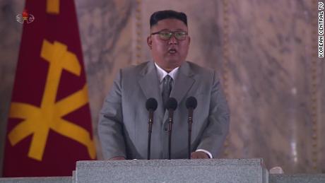 Kim Jong Un addresses the nation during the military parade.