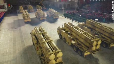 Rocket launchers are seen in North Korea&#39;s military parade broadcast Saturday evening.