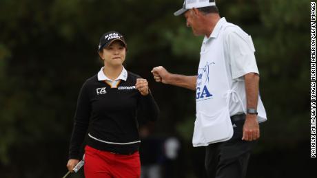 Kim fist bumps her caddy during the final round at the Women&#39;s PGA Championship.