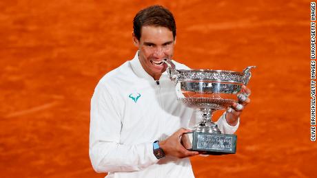 Nadal celebrates winning the French Open for the 13th time. 