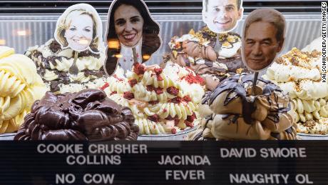 Ice cream flavors named after National Party leader Judith Collins, New Zealand Prime Minister Jacinda Ardern, ACT leader David Seymour and NZ First leader Winston Peters are seen at Rollickin&#39; Gelato on October 14, 2020, in Christchurch, New Zealand. 