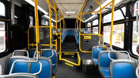 Empty seats are seen inside a city bus in New York City.