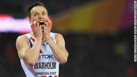 Warholm reacts in disbelief after winning world championship gold in London, UK, in 2017. 