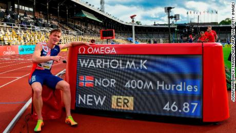 Warholm celebrates a new European record during the Diamond League meet in Stockholm, Sweden, in August.