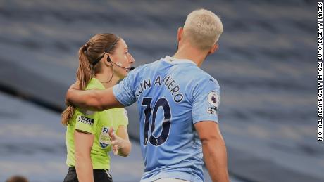 Sergio Aguero put his hand on assistant referee Sian Massey-Ellis during a game on Saturday. 
