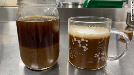 Plant-based milk doesn&#39;t mix well with coffee, as seen on the left. Coffee with Impossible&#39;s prototype, on the right, is designed to be creamier. 