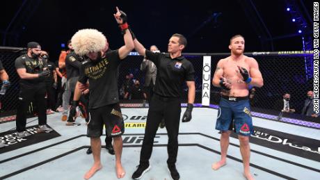 Nurmagomedov celebrates his victory over Gaethje.