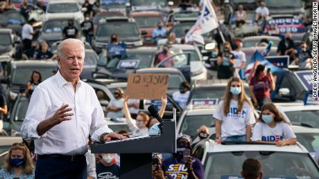 Democratic presidential nominee Joe Biden speaks during a drive-in campaign rally in the parking lot of Cellairis Ampitheatre on October 27, 2020 in Atlanta, Georgia. Biden is campaigning in Georgia on Tuesday, with scheduled stops in Atlanta and Warm Springs.