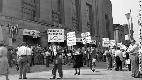 Picketers outside the 1948 Democratic National Convention demand equal rights in Philadelphia, Pennsylvania. 