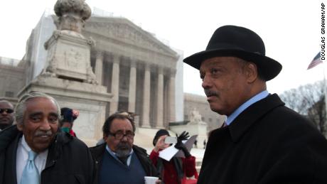 Rep. Charles B. Rangel of New York, Rep. Raul Grijalva of Arizona and the Rev. Jesse Jackson Sr. outside the Supreme Court as the Shelby County v. Holder oral arguments where set to begin on February 27, 2013.  