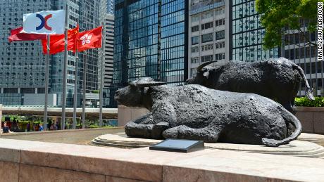 Bull sculptures and flags flying outside Exchange Square, home of the Hong Kong Stock Exchange.