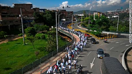 Aerial view of former FARC guerrilla fighters beginning a march toward Bogota on Oct. 29, 2020, demanding peace accords be respected. 