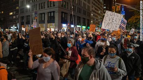 Protesters hit the streets on Wednesdsay as presidential election results remain uncertain in New York City.